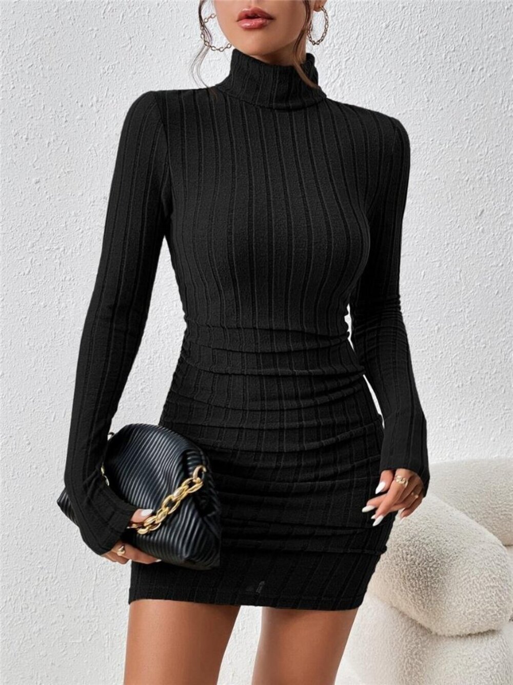 Turtleneck Ribbed Bodycon Knit Dress